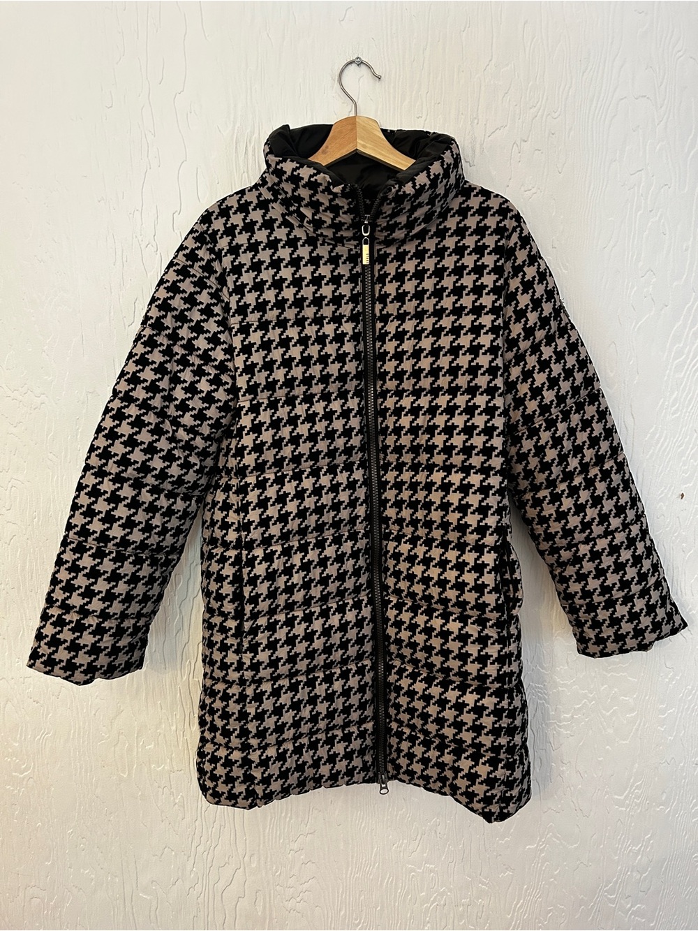 C.RO ETAGE Denmark Houndstooth Puffer Coat Size 10 Longline Fall Winter Snow